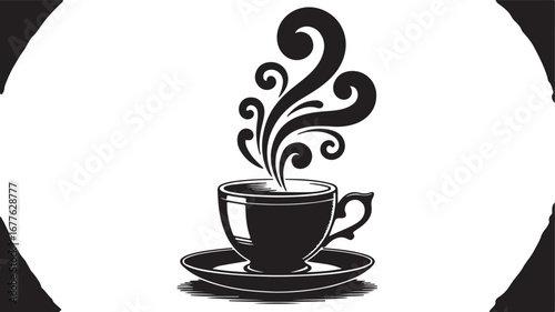 Black and white illustration of a steaming coffee cup and saucer with ornate steam swirls hot beverage