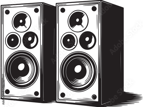 Black and White Illustration of Two Tall Speaker Cabinets with Multiple Woofers and Tweeters