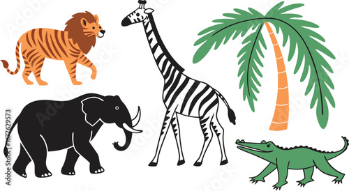 African wildlife safari animals including lion giraffe elephant alligator and palm tree set collection in cartoon style