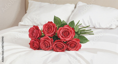 Red roses bouquet resting on bed, watercolor painting with soft brush strokes and delicate romantic mood