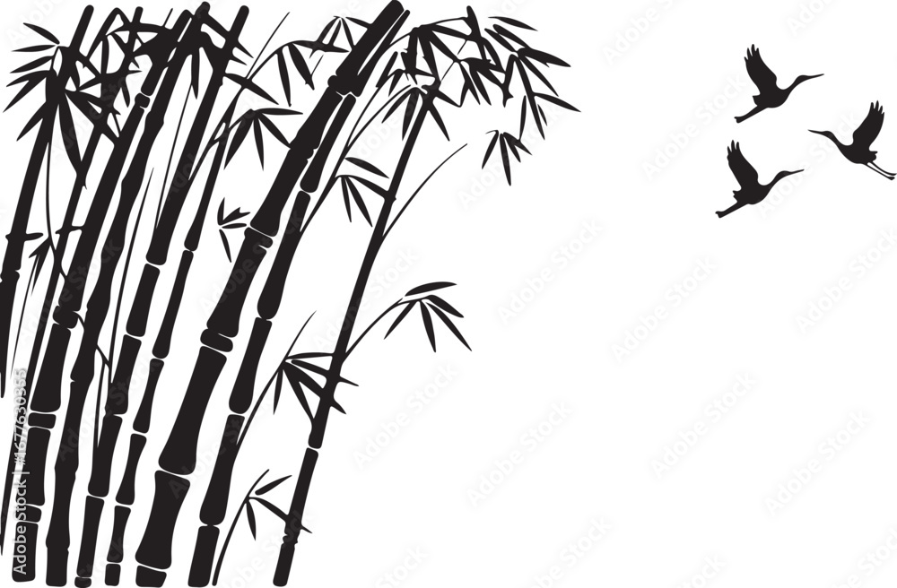 Obraz premium Black Silhouette Bamboo Stalks and Three Flying Cranes plant nature