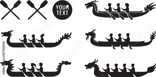 Black Silhouette Icons of Dragon Boats and Paddles with Text Placeholder canoe