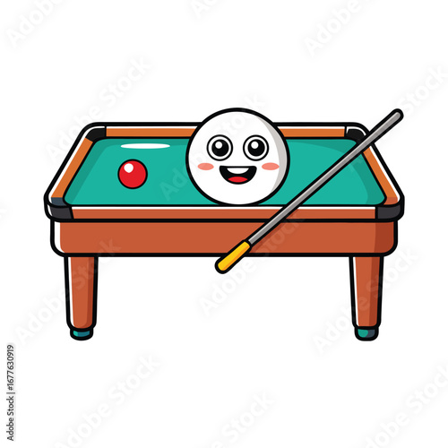 Cute cartoon billiard ball and red ball on a pool table with cue isolated on white background