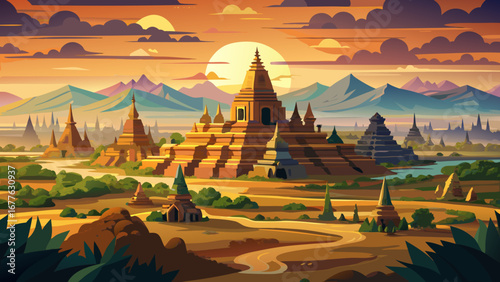 The Bagan Archaeological Zone in Myanmar stretches across vast plains, where thousands of ancient brick temples and golden stupas rise under the sun, creating a breathtaking spiritual horizon.