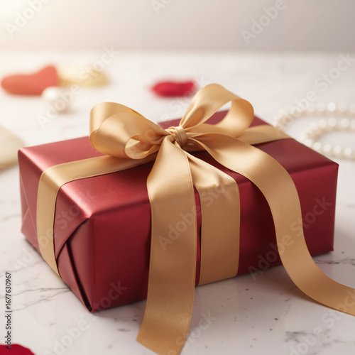 Elegantly wrapped gift box with a gold satin ribbon on a marble surface, surrounded by decorative elements like pearls and heart-shaped confetti