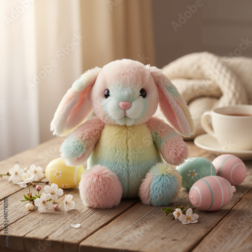 Pastel-colored bunny plush toy sitting on a wooden table with Easter eggs, flowers, and a cup of tea, creating a cozy spring atmosphere