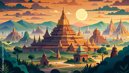 The Bagan Archaeological Zone in Myanmar stretches across vast plains, where thousands of ancient brick temples and golden stupas rise under the sun, creating a breathtaking spiritual horizon.
