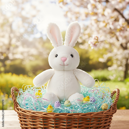Bunny plush toy with a cheerful mood sitting in an Easter basket with eggs against a spring garden background
