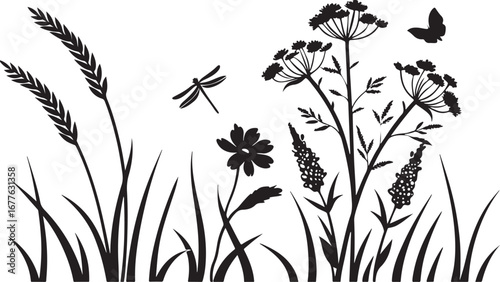 Silhouette of a summer meadow scene with delicate wildflowers dragonflies butterflies and tall grasses for nature-inspired designs