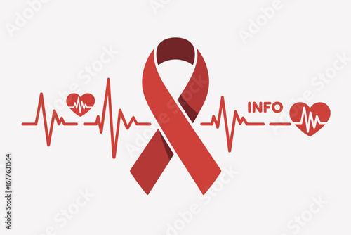 Aids awareness ribbon with heart beat line and heart shape on a white background with info text