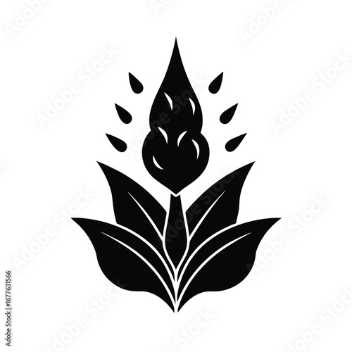 Vector art of minimalist black and illustration of a closed flower bud with surrounding water droplets
