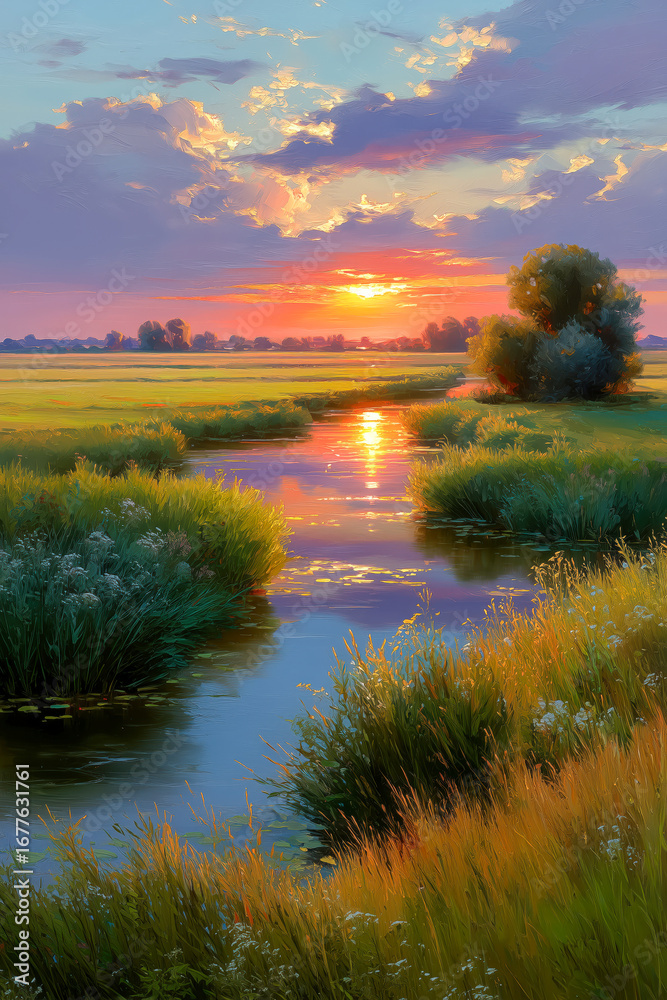 Obraz premium Serene sunset over a tranquil river with lush greenery.