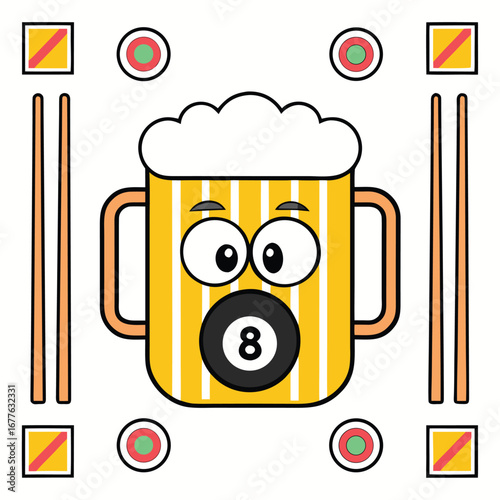 Cartoon beer mug with billiard elements isolated on white background, perfect for pub or bar design