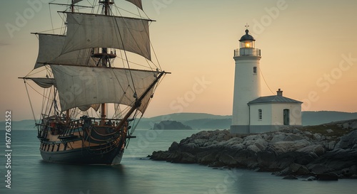 Vintage sailing ship and lighthouse seascape