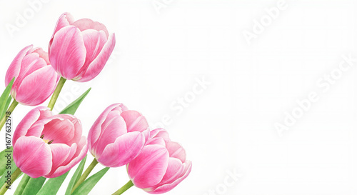 Watercolor painting of pink tulips on white background, soft pastel brush strokes, delicate airy and dreamy floral composition