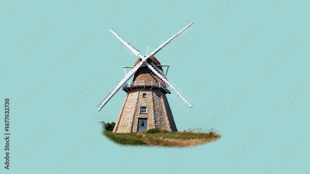 Obraz premium A Graceful windmill stands tall against a serene pastel blue sky—calm energy in motion.