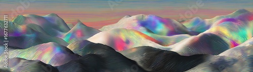 A mesmerizing digital landscape showcasing textured mountainscapes with vibrant iridescent colors.
