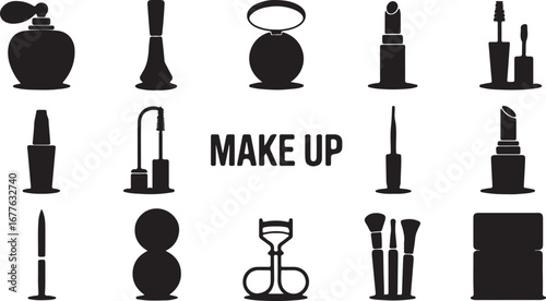 Black Silhouettes of Makeup Products and Tools on White Background cosmetics beauty