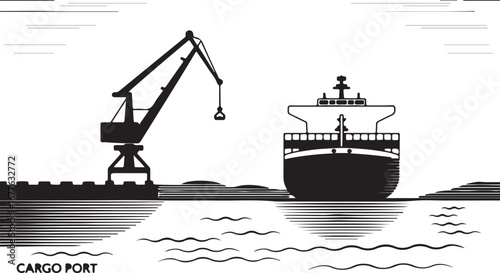 Cargo Port Scene with Crane Loading Ship and Water Reflections harbor shipping