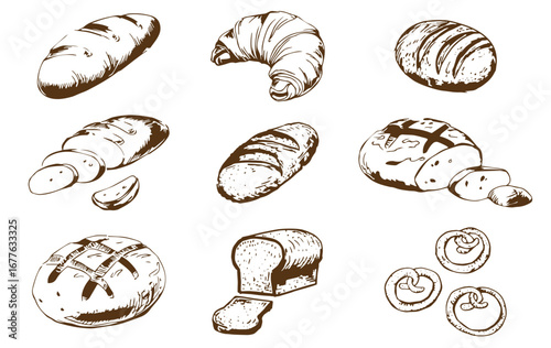 Retro Bakery Icon Collection – Doodle Style Bread, Croissant and Wheat Vector