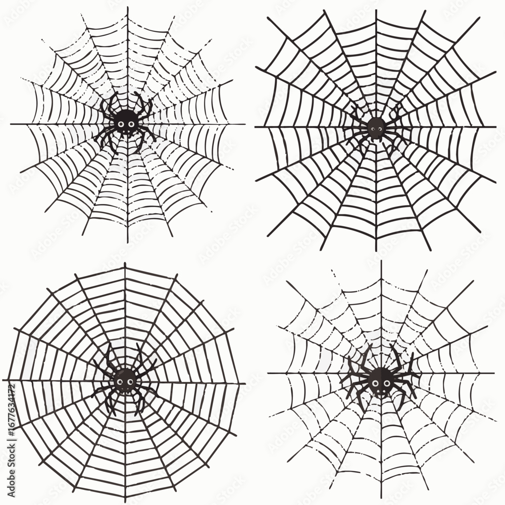 Obraz premium A captivating collection presents four distinct, spooky spider web illustrations, each featuring a detailed arachnid at its core, ideal for Halloween or nature projects.