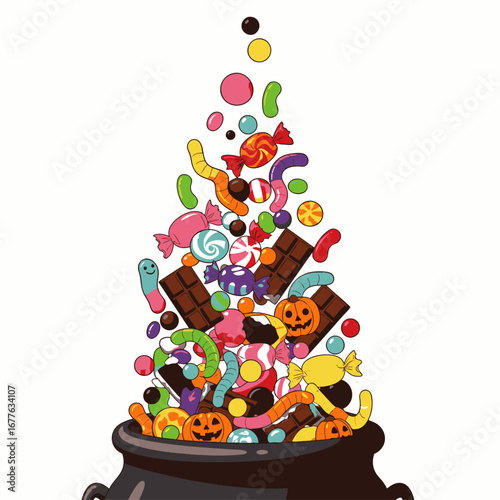 A vibrant vector illustration depicts a black witch's cauldron overflowing with a colorful assortment of delicious Halloween candies, chocolates, and sweet treats.