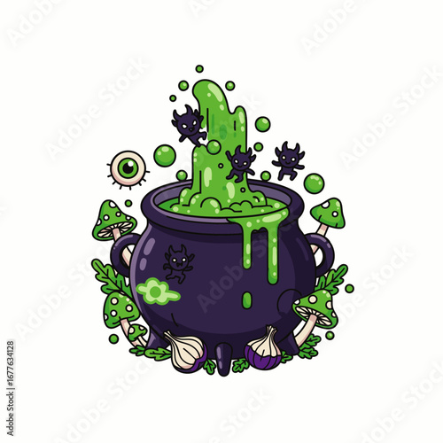 A mystical cauldron bubbles with vibrant green potion, releasing mischievous imp-like spirits amidst enchanting mushrooms and eerie garlic, perfect for spooky Halloween designs.