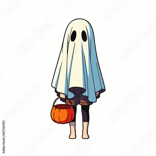 A cute cartoon child, playfully disguised in a classic white ghost costume, holds a vibrant orange pumpkin basket, eagerly awaiting Halloween trick-or-treats.