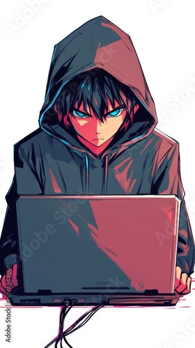 Illustration of a hacker coding on a laptop, wearing a hoodie, depicting a cybersecurity threat with a white background