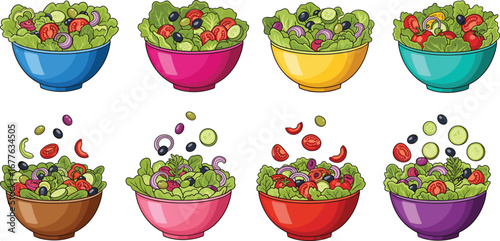 Colorful Cartoon Salad Bowl Vector Set with Tossed Vegetables, Healthy Food Clipart for Menu Design, Nutrition, and Culinary Illustration