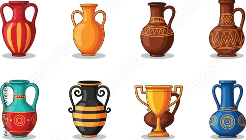 Colorful decorative vases and urns vector set with handles, patterns, and textures for art, design, history, and cultural illustration use