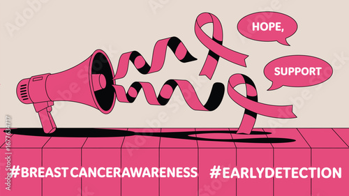 A pink megaphone with ribbons and text bubbles promoting breast cancer awareness and early detection
