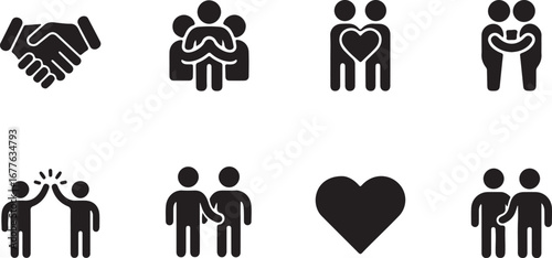 Collection of Eight Simple Black Icons Representing Friendship and Relationships connection