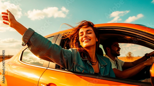Happy couple enjoying road trip in orange car under blue sky