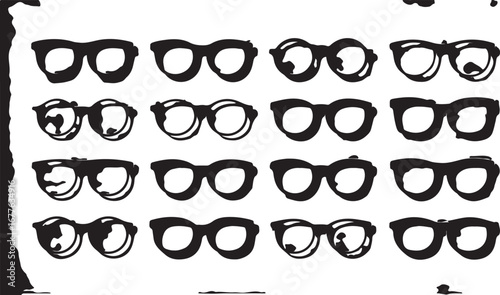 Collection of Hand- Drawn Black Ink Eyeglasses Silhouettes in a Grid Pattern on a White Background