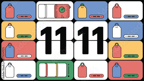 A colorful graphic design featuring shopping bags and the number eleven four times in the center