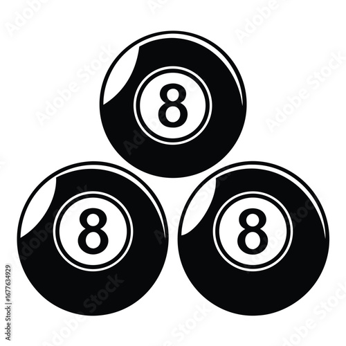 Three eight balls stacked in a triangle shape isolated on white background, perfect for billiard game