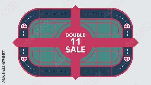 A double eleven sale advertisement with a stylized racetrack and a green grid pattern inside it