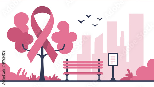 Pink ribbon tree in a park with bench and city skyline for breast cancer awareness illustration