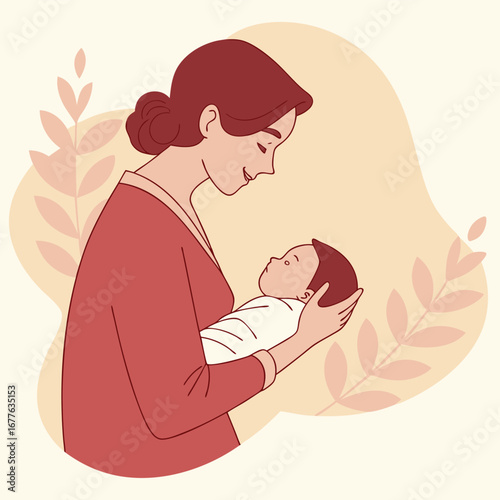 Loving mother gently holds newborn baby daughter adoringly in soft warm light and natural botanical elements