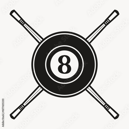 Illustration of crossed billiard cues and eight ball isolated on white background