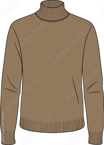 Men’s turtleneck sweater flat sketch, winter pullover vector template, front view fashion drawing, ribbed collar cuffs hem