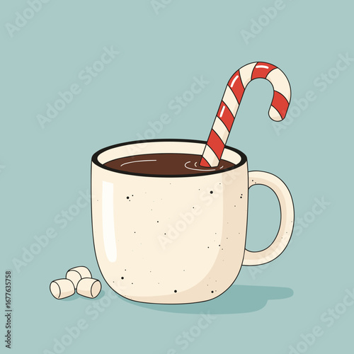 Hot cocoa mug with candy cane, cozy festive mood, minimal clean design, pastel vector illustration in modern style