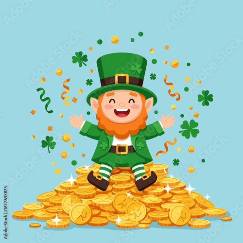 Cheerful leprechaun figurine on pile of coins with festive St. Patrick’s mood, vector decorative illustration, surrounded by shamrocks and confetti, clean flat style