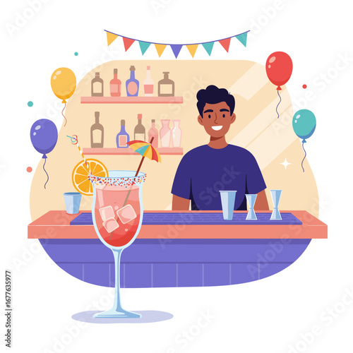 Festive birthday cocktail with cheerful mood on bar counter with bartender in background, colorful vector illustration, clean flat style