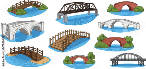 Set of Illustrated Bridges with Diverse Architectural Styles Spanning Water, Featuring Stone, Wood, Metal, and Concrete Designs in Nature Scenes