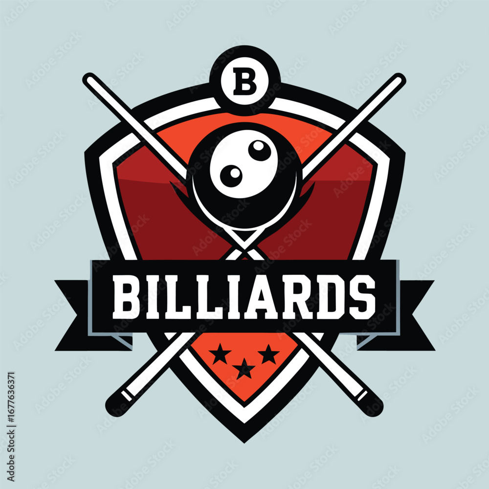 Φωτογραφία Billiards logo with crossed cues and a ball on a shield, ideal for sports team o