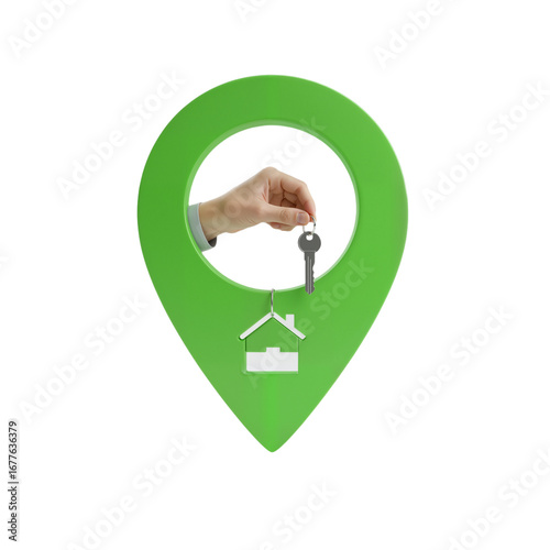 Hand Holding Key Inside Green Location Pin – Symbol of Home, Belonging, and New Beginnings