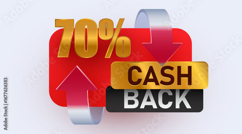 70 percent cashback icon isolated on white background. seventy percent with glass arrows. Cashback or money back label. Vector illustration