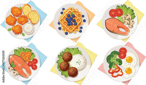 Vector Illustration of Six Colorful Plates with Balanced Meals Featuring Breakfast, Lunch, and Dinner Options for Healthy Food and Nutrition